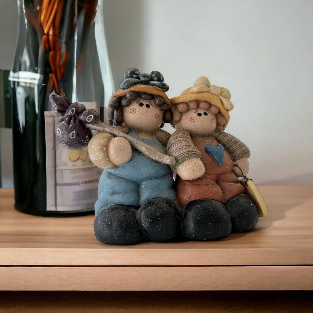 Country Couple Figurine With Hats & Painted Details Rustic Farmhouse Decor Handm